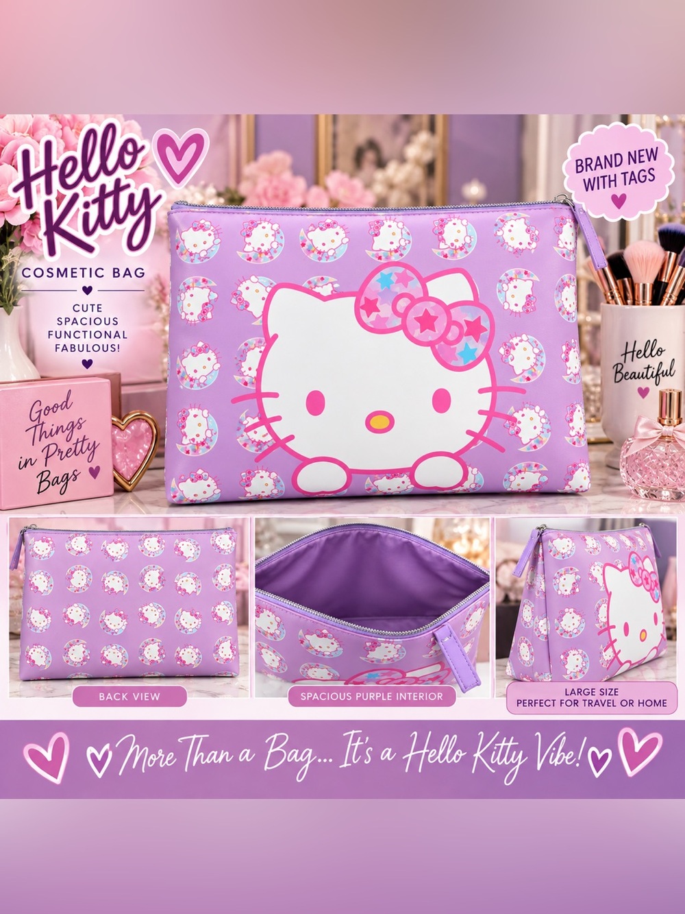 Hello Kitty Large Lavender Purple Cosmetic Makeup Bag NWT Sanrio